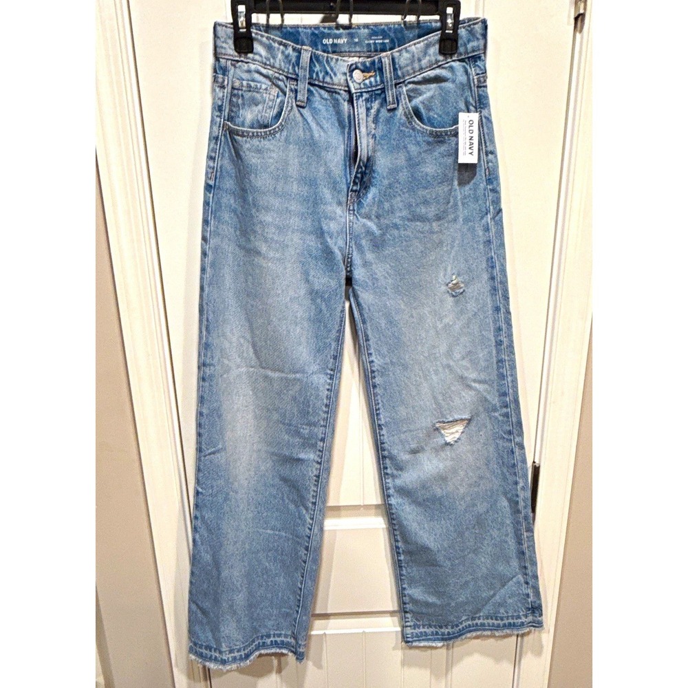 Old Navy juniors High-Rise Baggy Wide-Leg Jeans Light Wash Blue 16 Distress NWT
